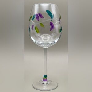 Hand Painted Wine Glass Colorful Feather Design Artisan Stemware Goblet
